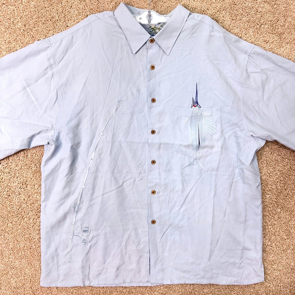 Bamboo Cay Shirt Mens XXL Camp Short Sleeve Light Blue Marlin Embroidered EUC